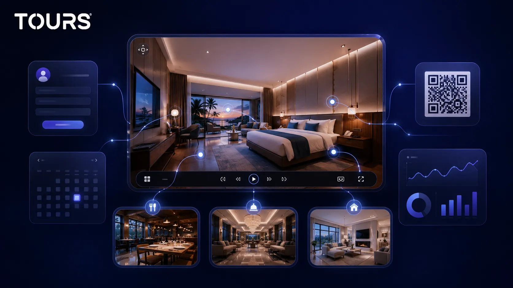 Tour virtuale 360 per hotel, ristorante e immobiliare collegato a richieste, calendario e statistiche
