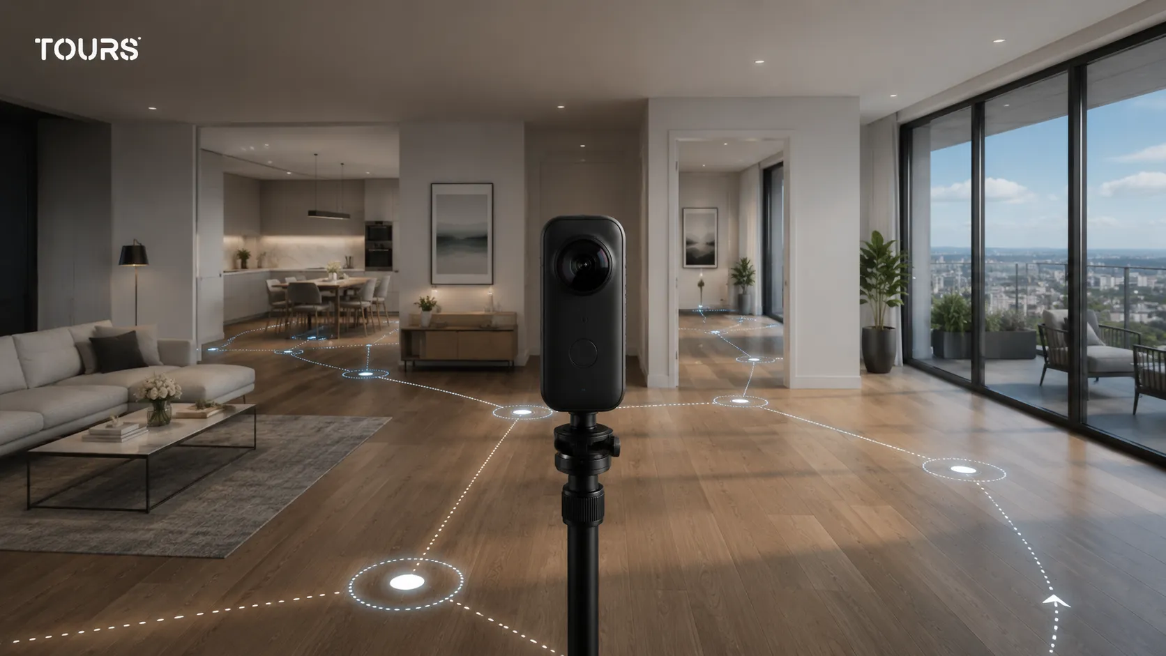360°-Kamera bereit für die Aufnahme eines Innenraums