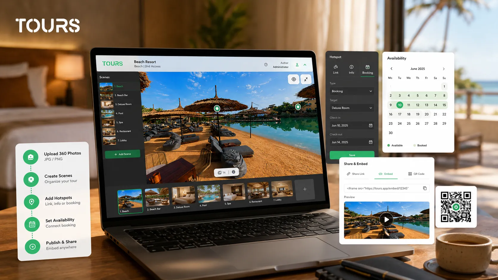 Tours interface for creating a virtual tour with an integrated booking system