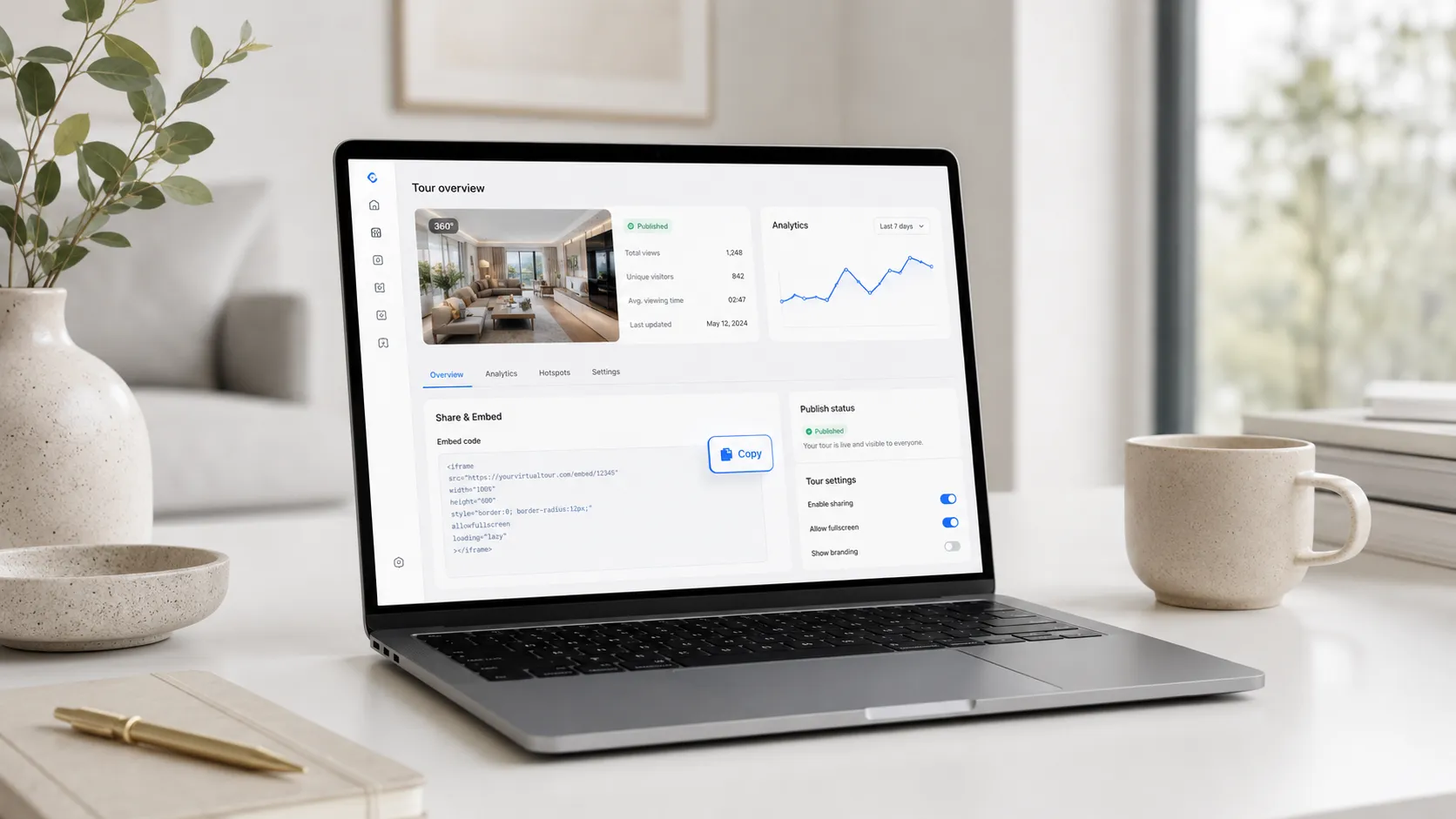 Pagina Mijn Tours met het integratiescherm geopend voor het kopiëren van de integratiecode van een virtuele rondleiding