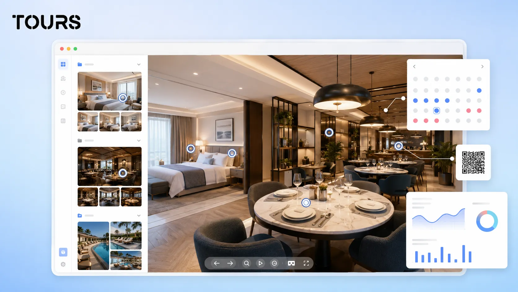 Bookings connected to scenes, groups and interactive points inside a 360 tour