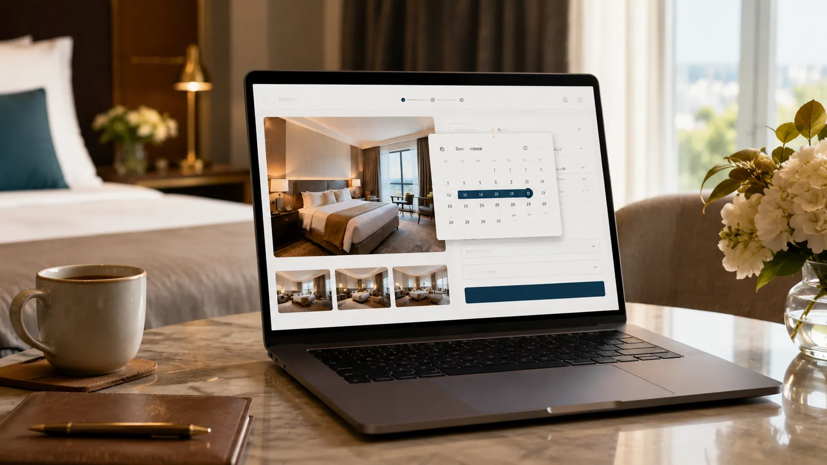 Interfaccia di un sistema di prenotazioni per hotel su un laptop, con calendario di disponibilità