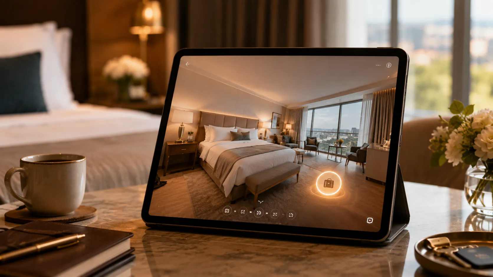 Tour virtuale 360° di una camera d'hotel con hotspot interattivo per la prenotazione