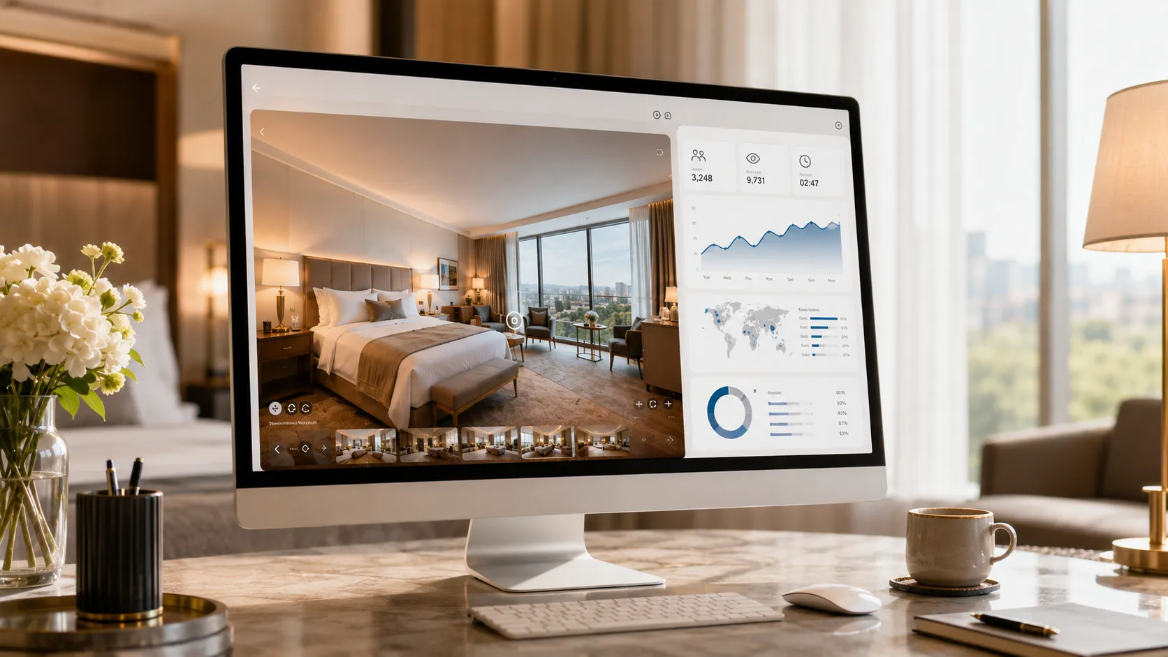 Tour virtuale 360° di un hotel con statistiche di utilizzo e prenotazioni integrate