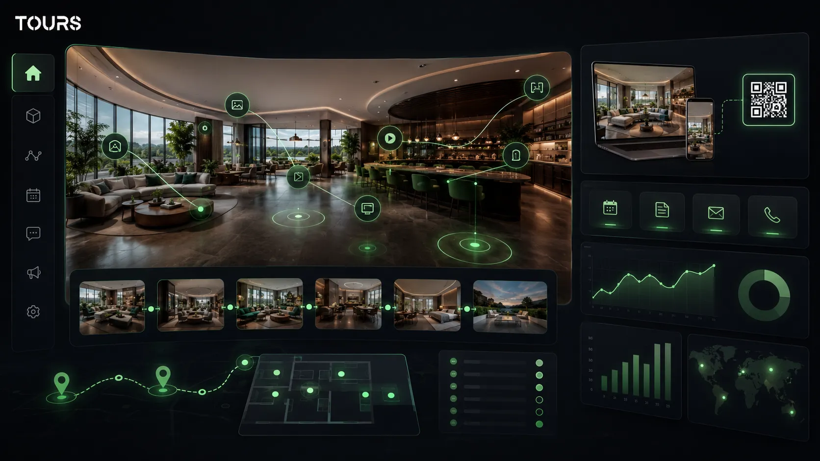 Tour virtual 360° ligado a reservas, pedidos e estatísticas numa plataforma SaaS