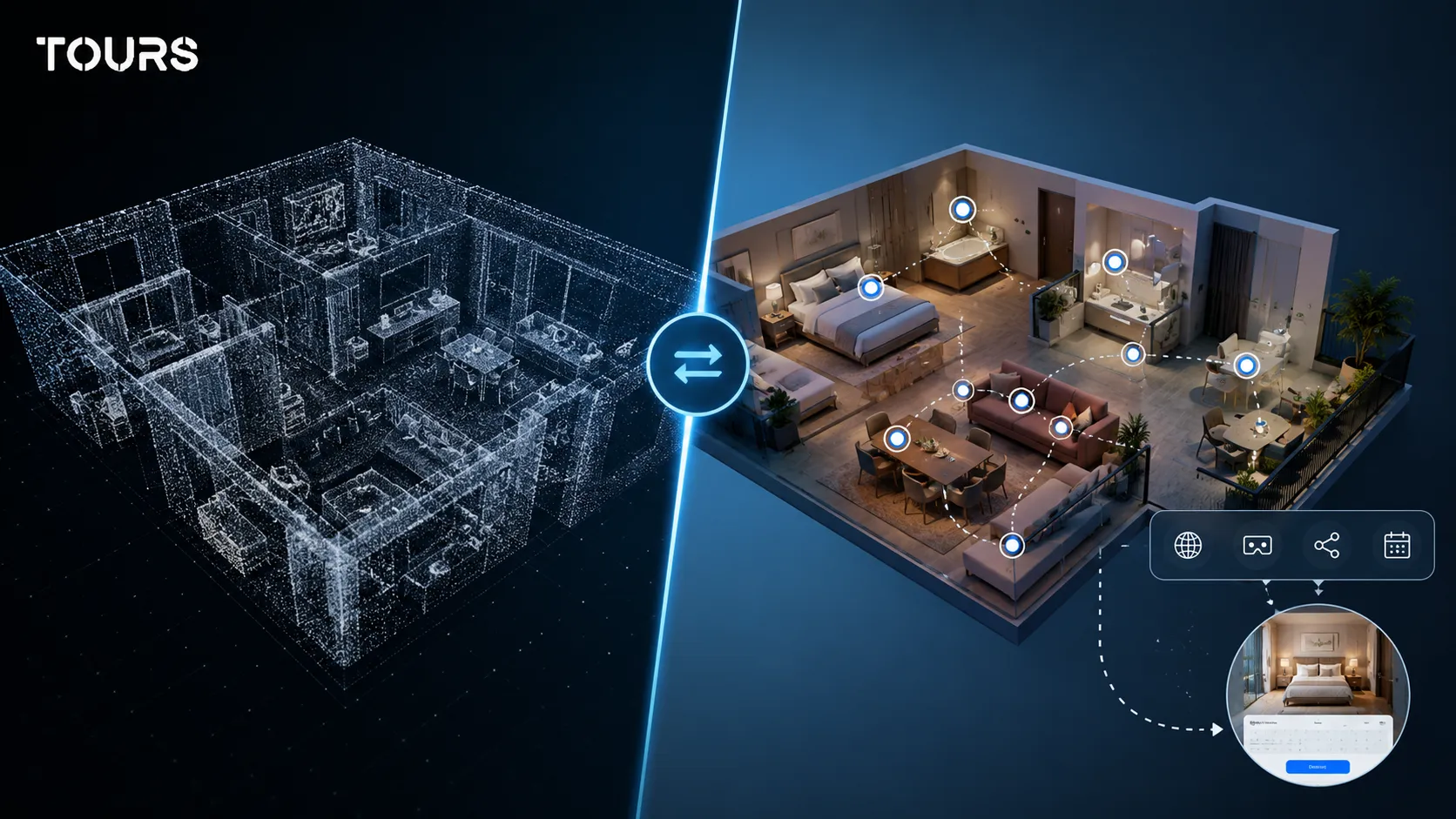 Visueller Vergleich zwischen 3D-Scan und Plattform für interaktive virtuelle Rundgänge
