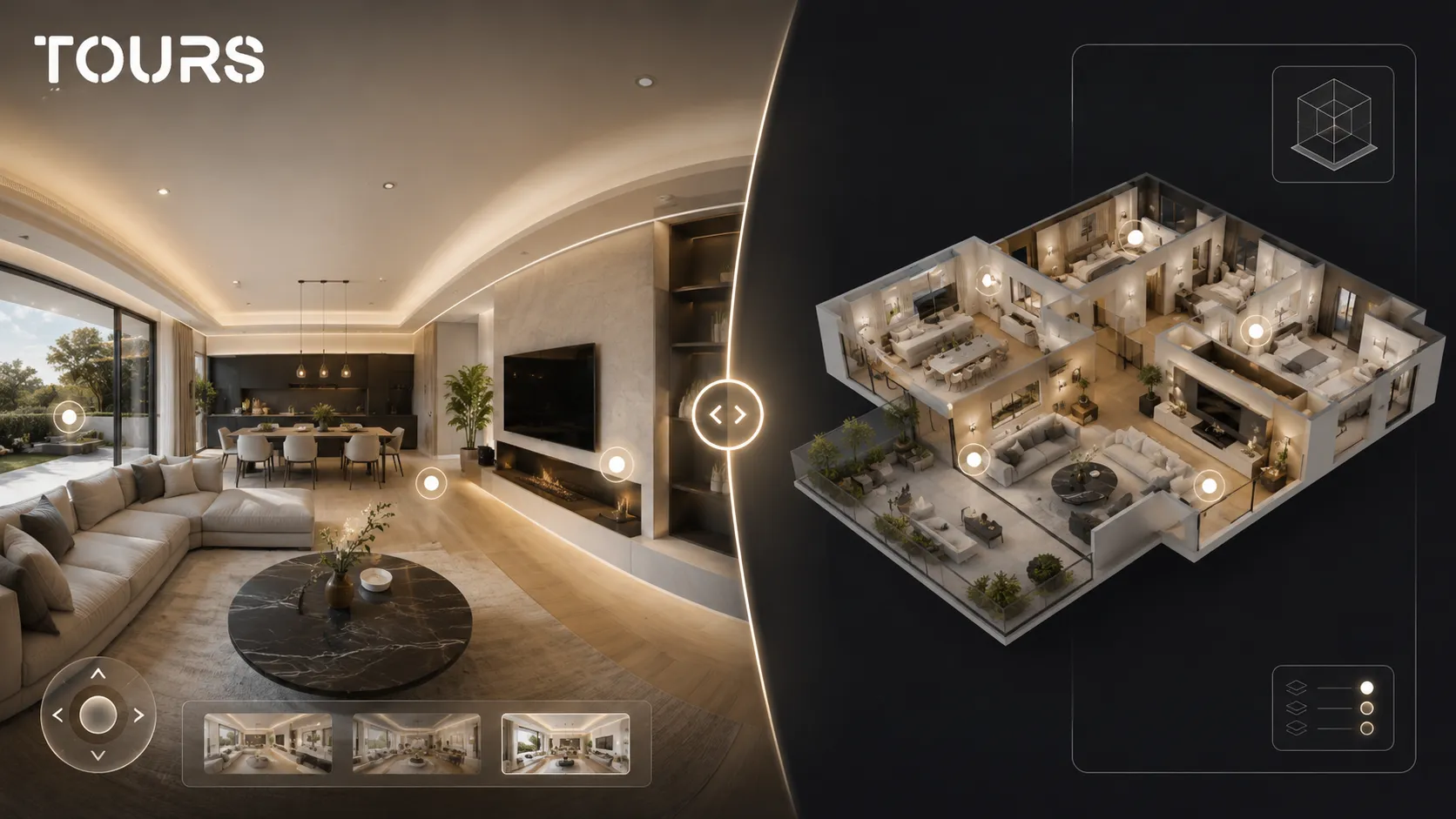 Visueller Vergleich zwischen einem interaktiven 360°-Rundgang und dem 3D-Modell eines Raums