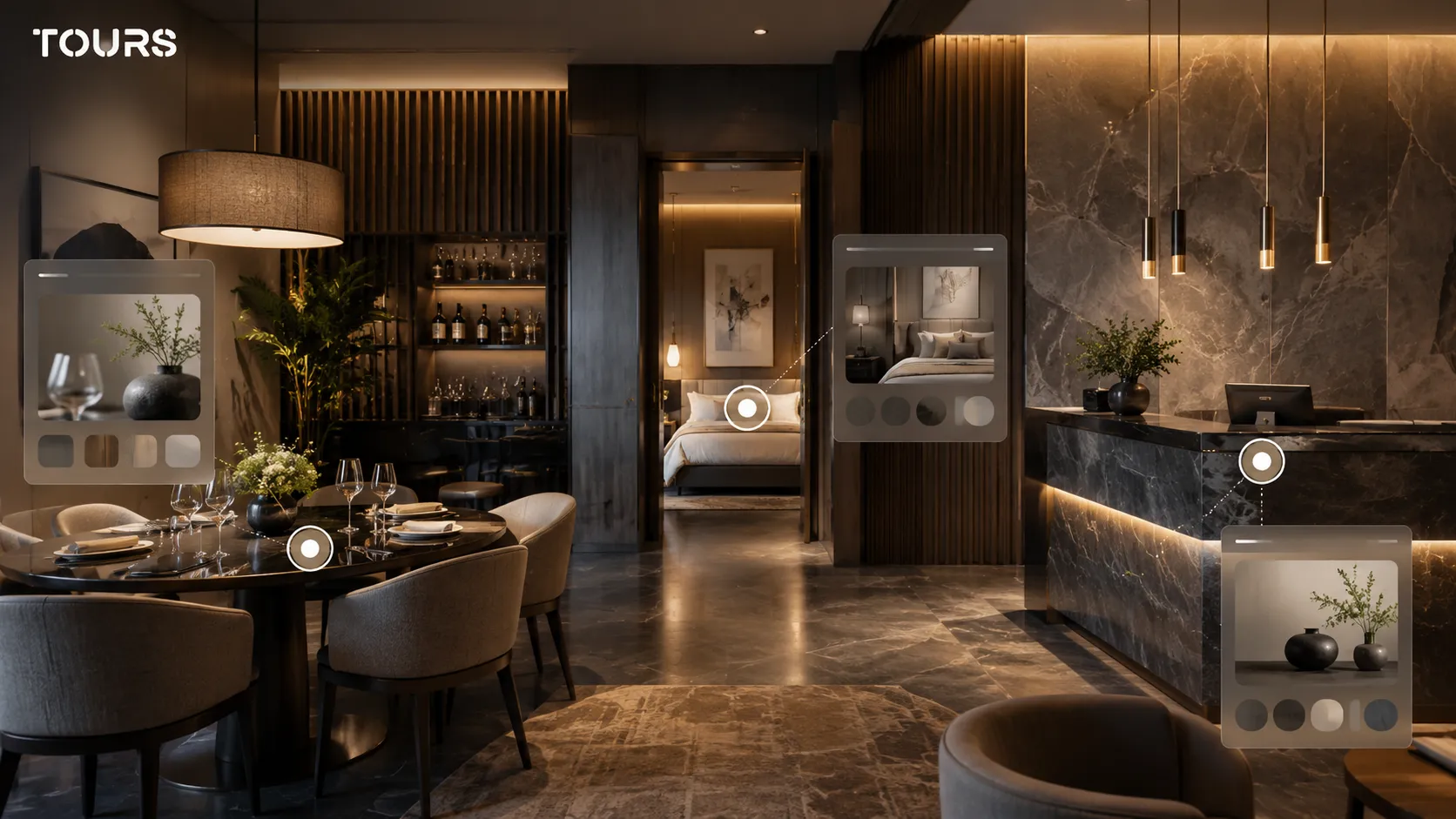 Interaktive Punkte in einem 3D-Rundgang für Hotel, Restaurant oder Showroom
