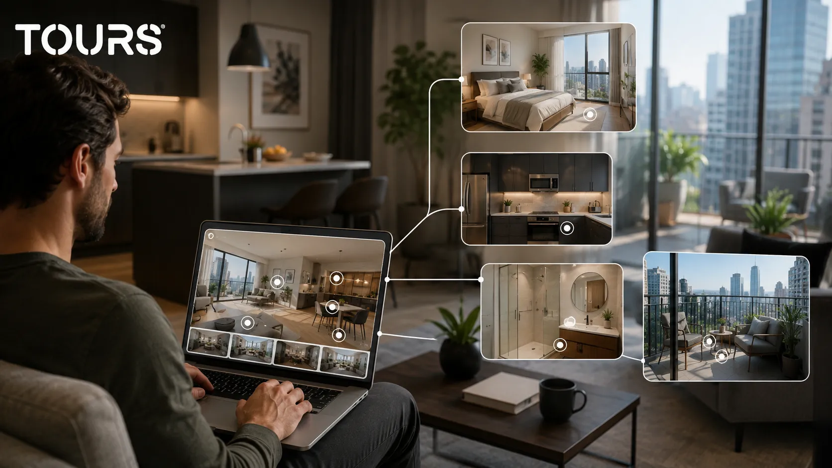 Vendég, aki egy Airbnb-szállás fotóit hasonlítja össze egy 360 fokos virtuális túrával
