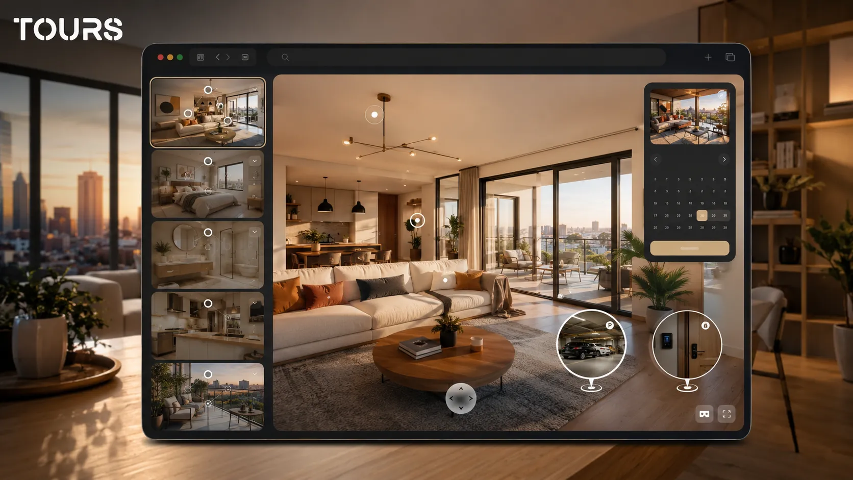 Tours 360°-os szerkesztő Airbnb-szálláshoz jelenetekkel és interaktív pontokkal