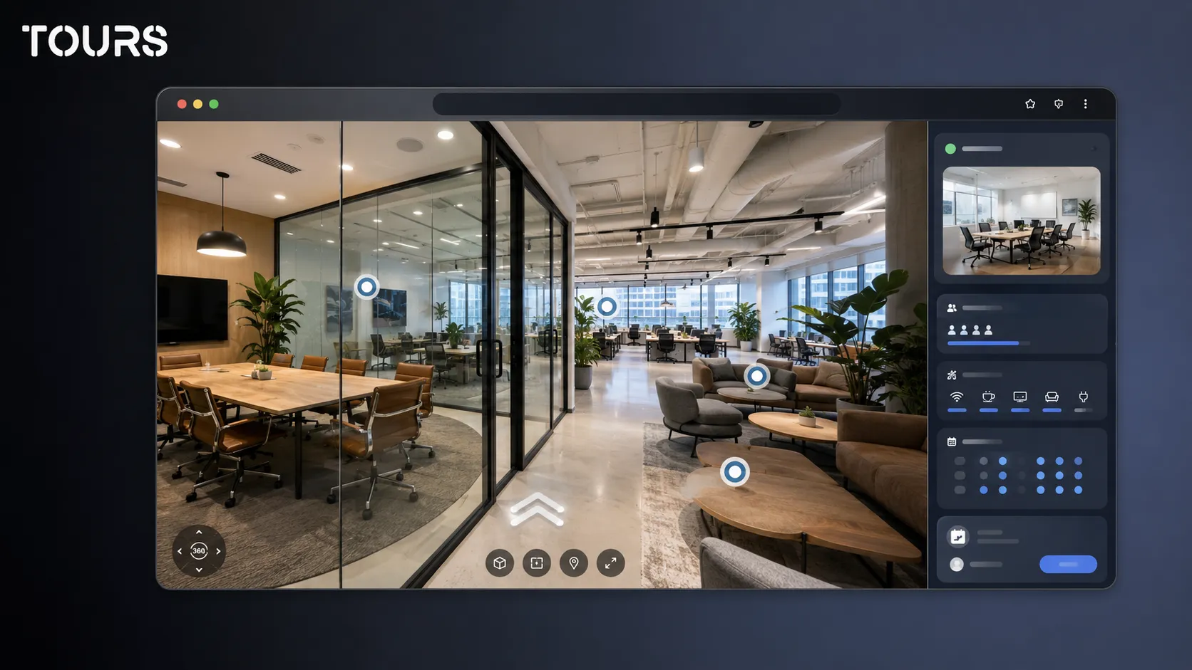 Interaktív pontok 360°-os bemutatóban irodákhoz és coworkinghez
