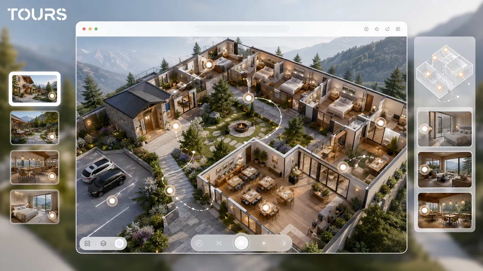 Estructura de un tour 360° para una casa rural con habitaciones, patio y zonas comunes