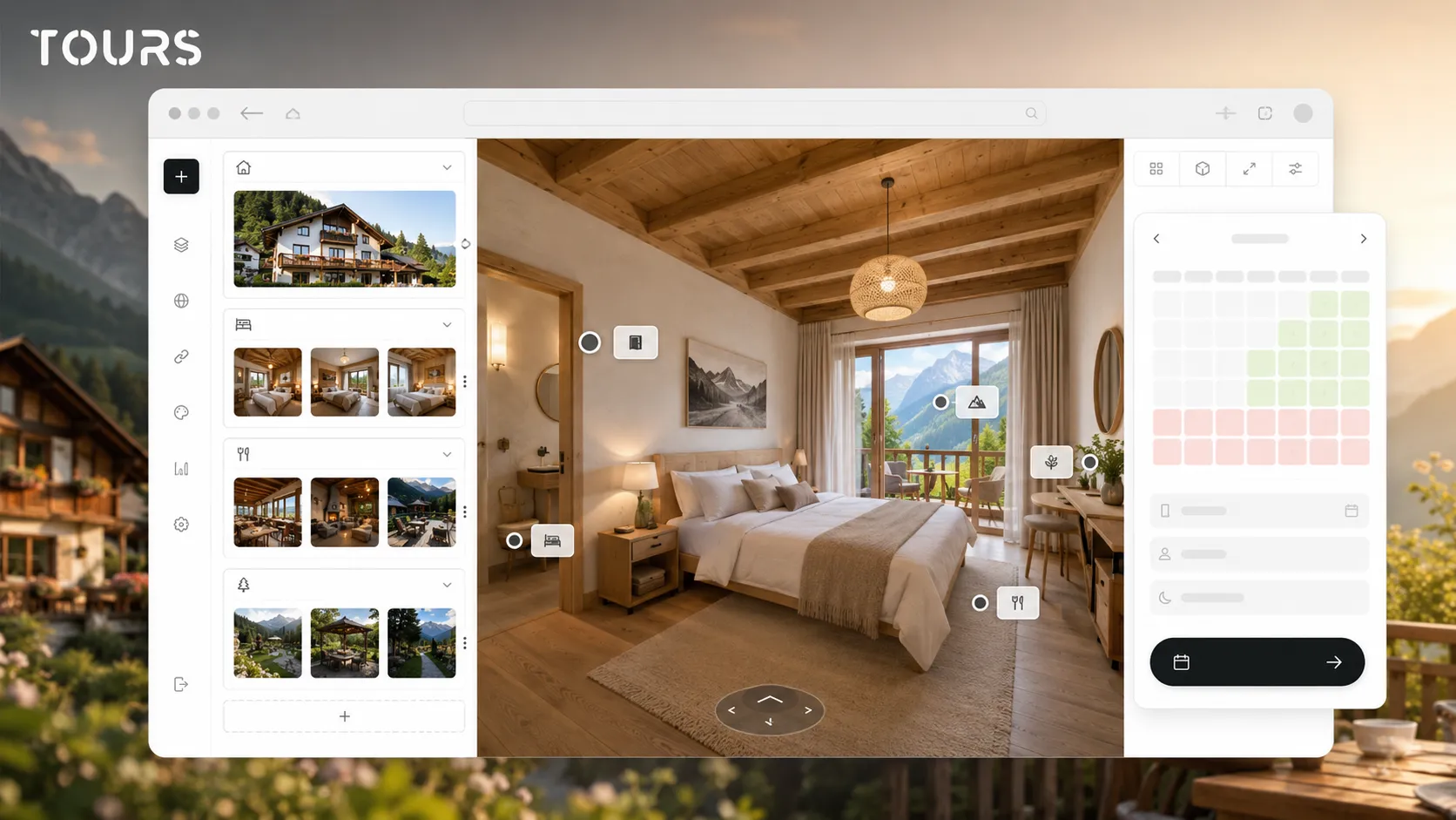 Editor 360° para una casa rural con habitaciones agrupadas y reservas conectadas