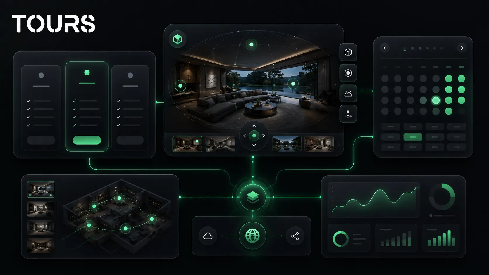 Tours plans and connections between virtual tours, scenes, interactive points and bookings