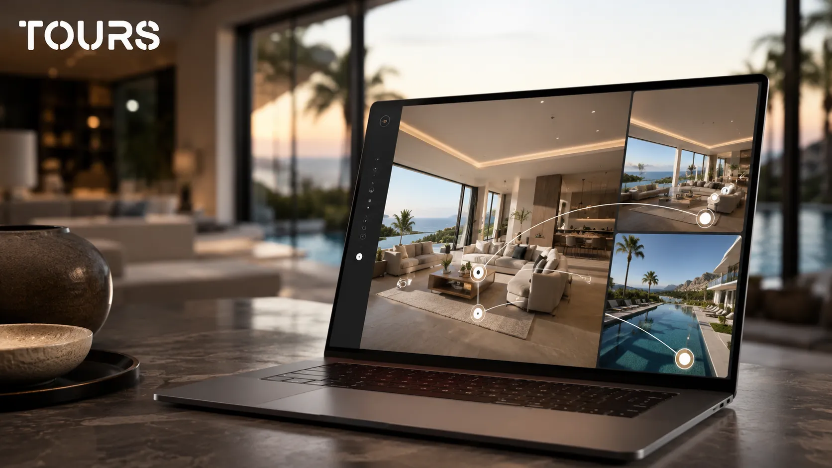 Tour 360° para uma propriedade premium com sala, terraço e piscina ligados visualmente