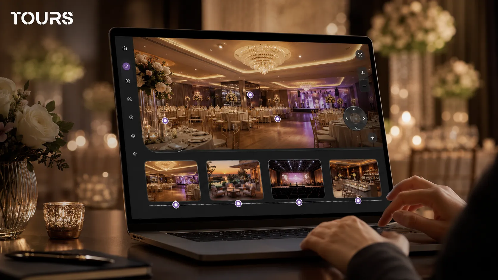 360 fokos bemutató egy rendezvényteremhez, jelenetekkel a nagyteremről, teraszról és fogadótérről