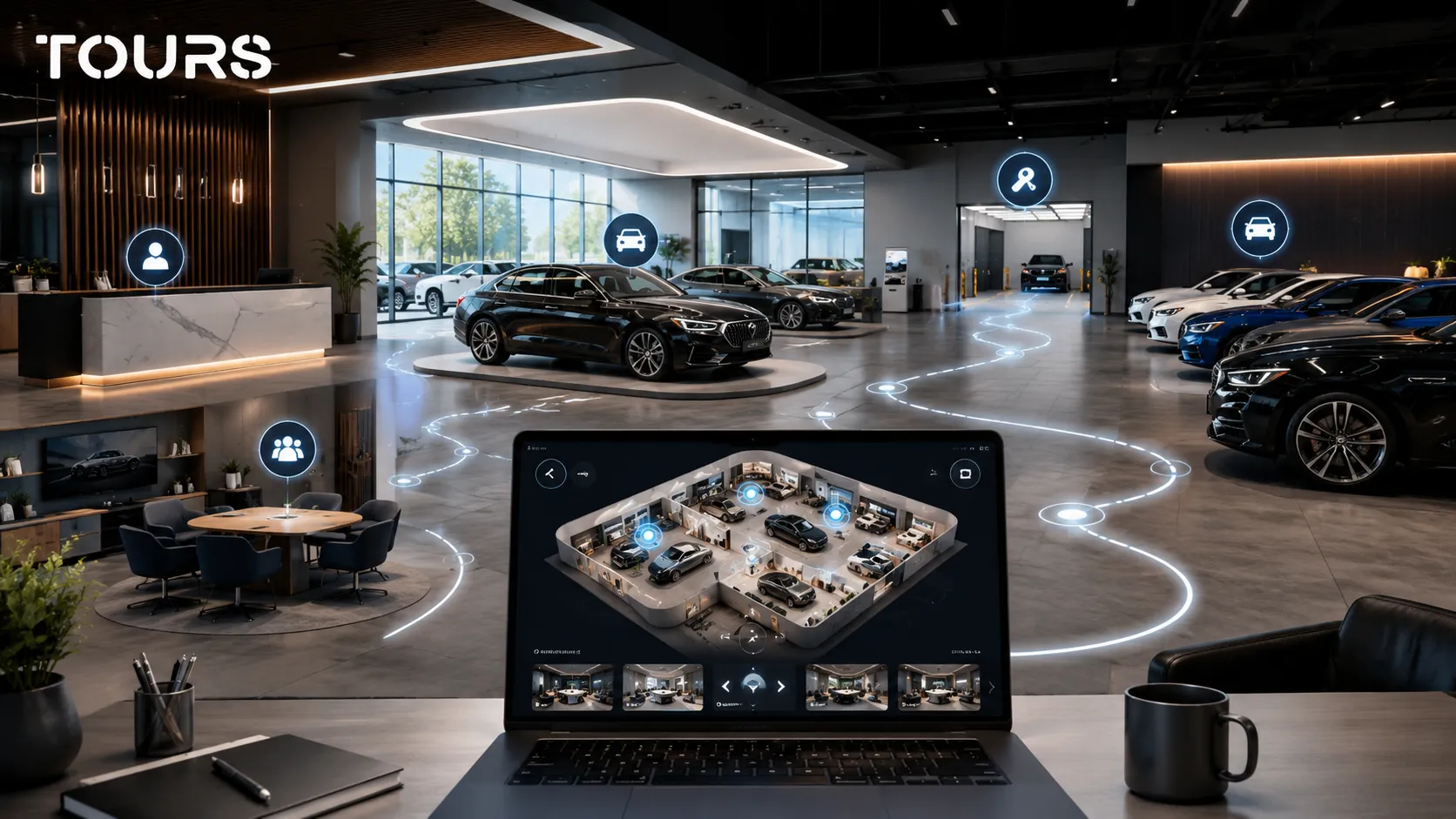 360-graden presentatie van een autoshowroom met zones voor auto's, advies en aflevering