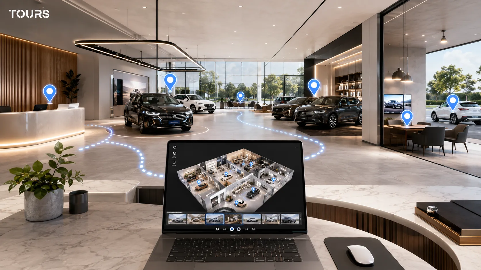 Autodealer die nieuwe modellen en occasions presenteert in een 360-graden rondleiding