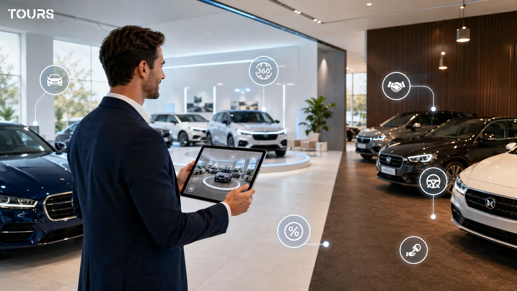 Tours-interface voor een autodealer met een 360-graden rondleiding en aanvragen gekoppeld aan interactieve punten