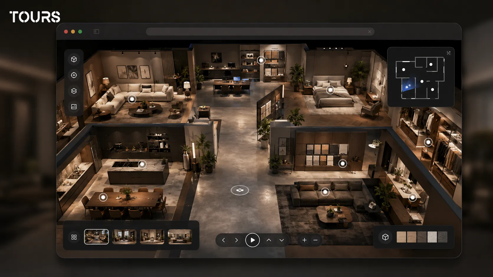 Showroom de mobiliário organizado por zonas para uma apresentação 360