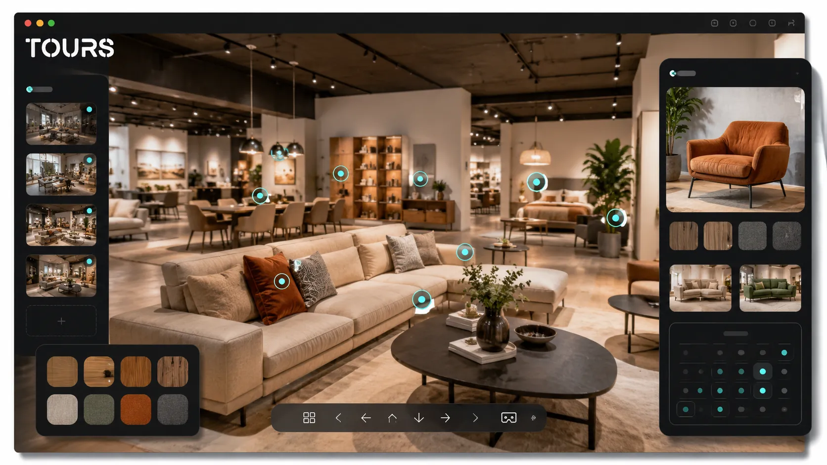 Pontos interativos para materiais e dimensões num showroom de mobiliário