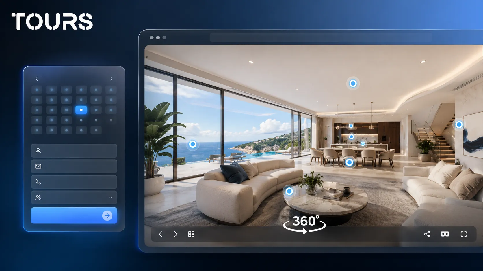 Foglalási widget egy 360 fokos virtuális túra mellett a weboldalon